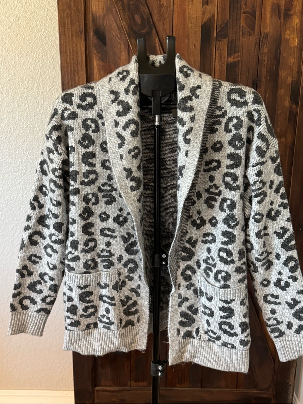 Time and Tru Gray and Black Leopard Open-Front Cardigan
